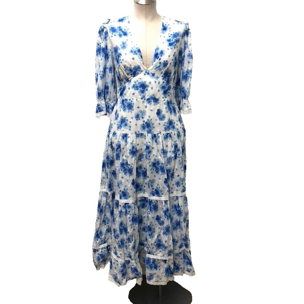Rixo Adelaide Dress Womens Medium Blue Victoria Floral Boho Cottagecore Coquette
